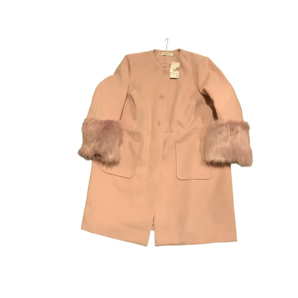 JustFab Womens Pink Faux Wool Coat Removable Faux Fur Cuffs Plus Size 2X New - Picture 1 of 3